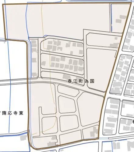 春江町為国とその周辺の地図。町の範囲を重ねている