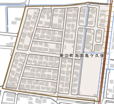春江町為国亀ケ久保とその周辺の地図。町の範囲を重ねている