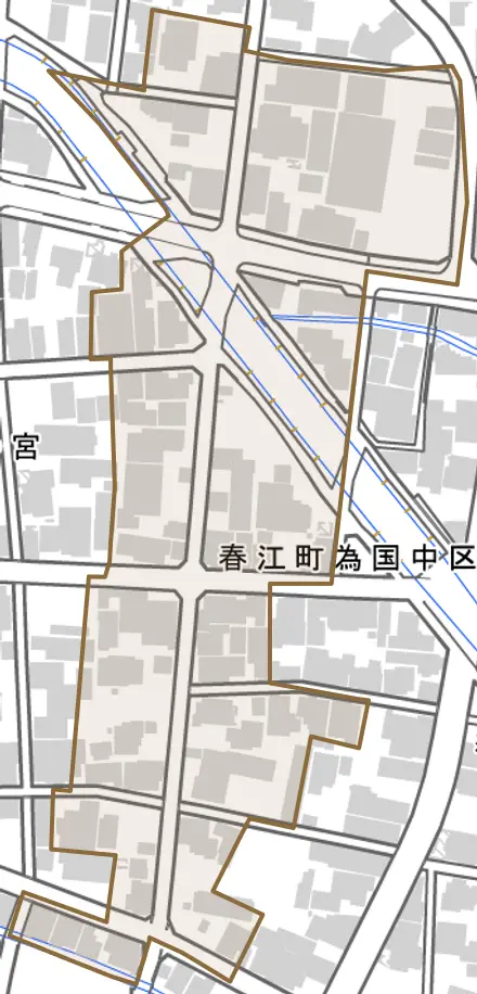 春江町為国中区とその周辺の地図。町の範囲を重ねている