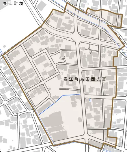春江町為国西の宮とその周辺の地図。町の範囲を重ねている