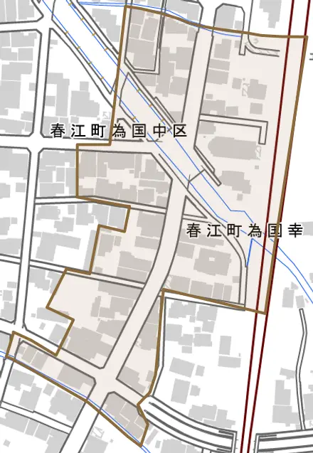 春江町為国幸とその周辺の地図。町の範囲を重ねている