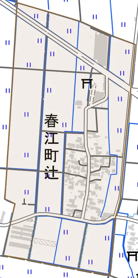 春江町辻とその周辺の地図。町の範囲を重ねている