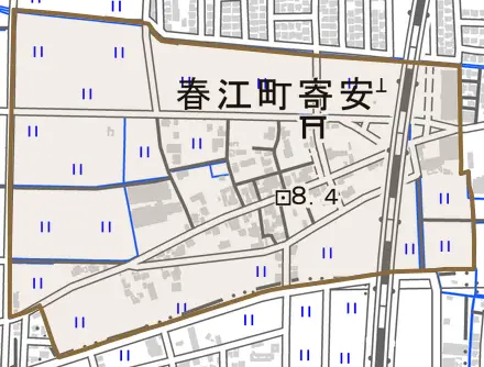 春江町寄安とその周辺の地図。町の範囲を重ねている