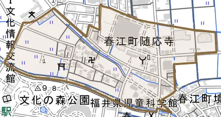 春江町随応寺とその周辺の地図。町の範囲を重ねている
