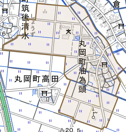 丸岡町油為頭とその周辺の地図。町の範囲を重ねている