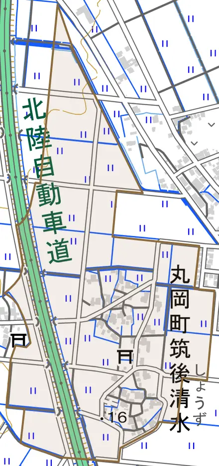 丸岡町筑後清水とその周辺の地図。町の範囲を重ねている