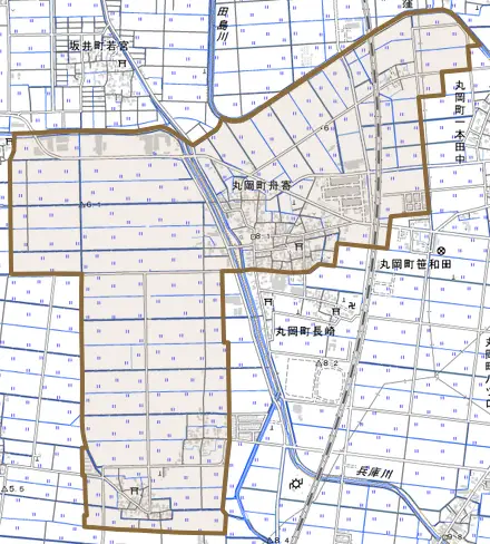 丸岡町舟寄とその周辺の地図。町の範囲を重ねている