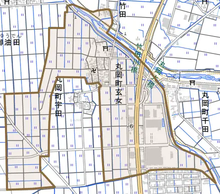 丸岡町玄女とその周辺の地図。町の範囲を重ねている