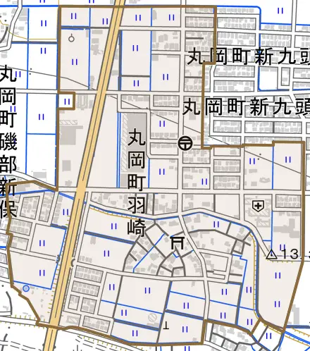 丸岡町羽崎とその周辺の地図。町の範囲を重ねている