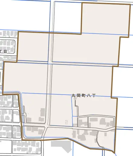 丸岡町八丁とその周辺の地図。町の範囲を重ねている