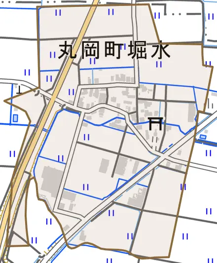 丸岡町堀水とその周辺の地図。町の範囲を重ねている