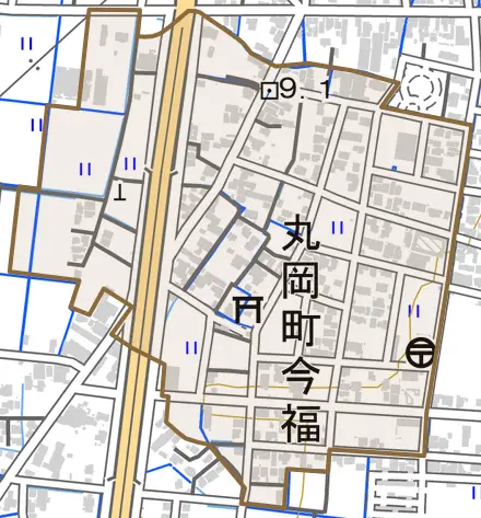 丸岡町今福とその周辺の地図。町の範囲を重ねている