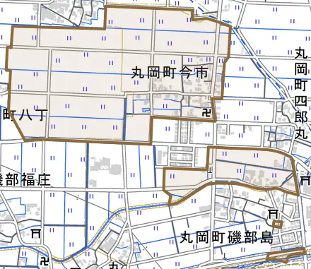 丸岡町今市とその周辺の地図。町の範囲を重ねている