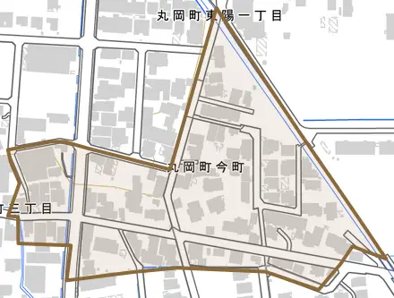 丸岡町今町とその周辺の地図。町の範囲を重ねている