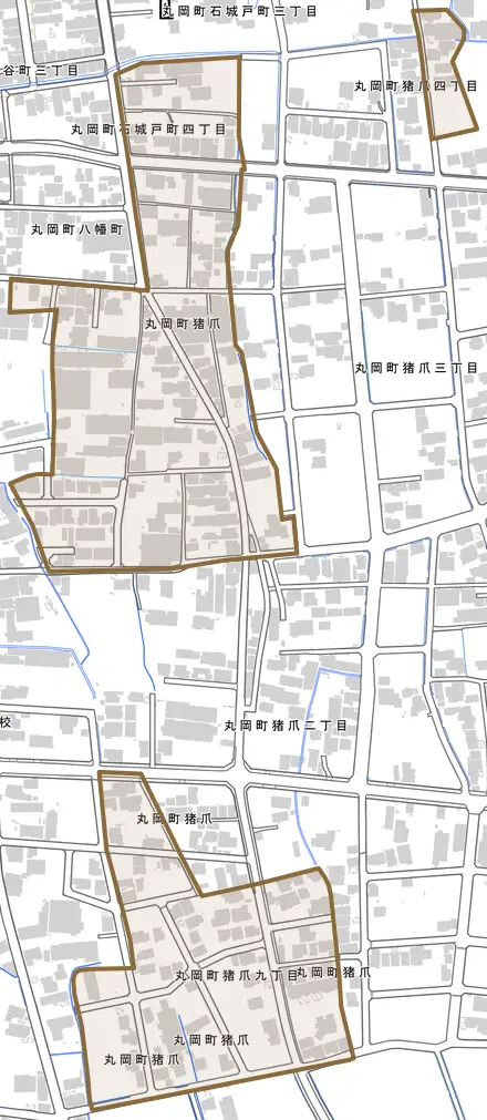 丸岡町猪爪とその周辺の地図。町の範囲を重ねている
