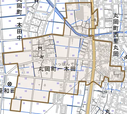 丸岡町一本田とその周辺の地図。町の範囲を重ねている