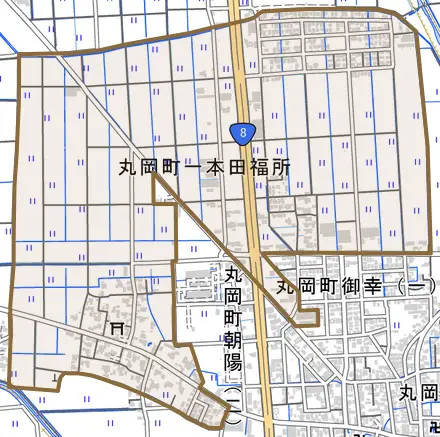 丸岡町一本田福所とその周辺の地図。町の範囲を重ねている