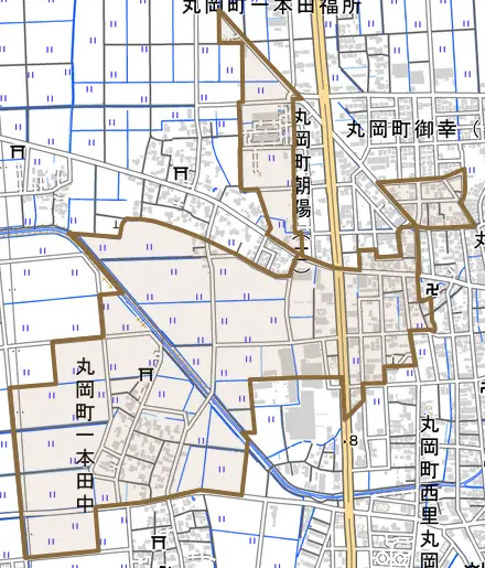 丸岡町一本田中とその周辺の地図。町の範囲を重ねている