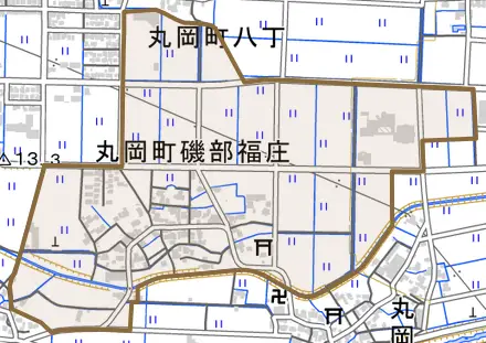丸岡町磯部福庄とその周辺の地図。町の範囲を重ねている