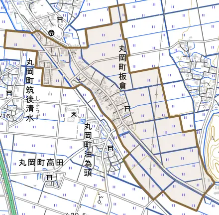 丸岡町板倉とその周辺の地図。町の範囲を重ねている