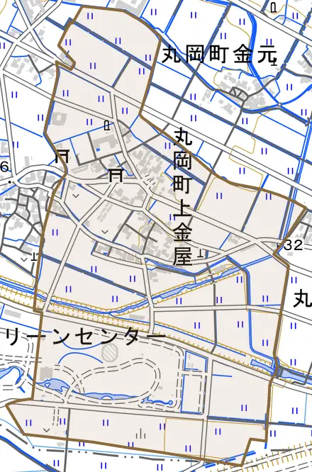 丸岡町上金屋とその周辺の地図。町の範囲を重ねている