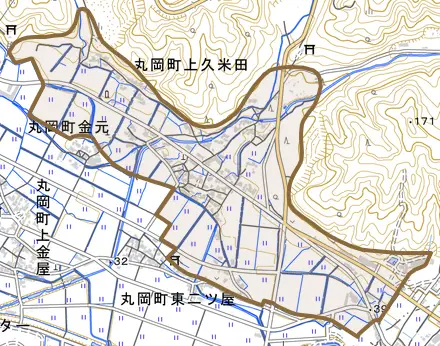 丸岡町上久米田とその周辺の地図。町の範囲を重ねている