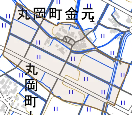 丸岡町金元とその周辺の地図。町の範囲を重ねている