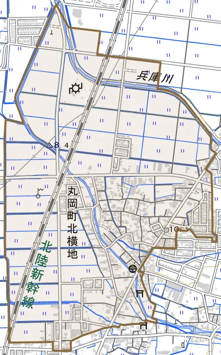 丸岡町北横地とその周辺の地図。町の範囲を重ねている
