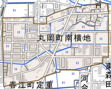 丸岡町南横地とその周辺の地図。町の範囲を重ねている