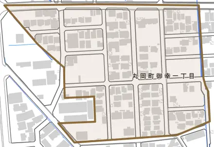丸岡町御幸とその周辺の地図。町の範囲を重ねている