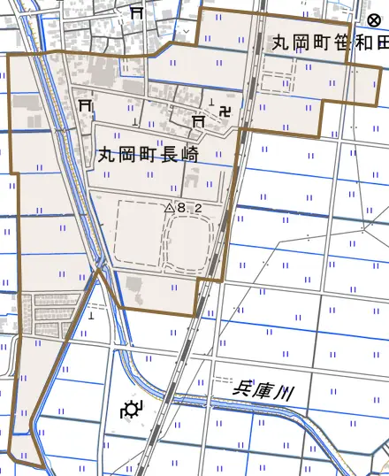 丸岡町長崎とその周辺の地図。町の範囲を重ねている