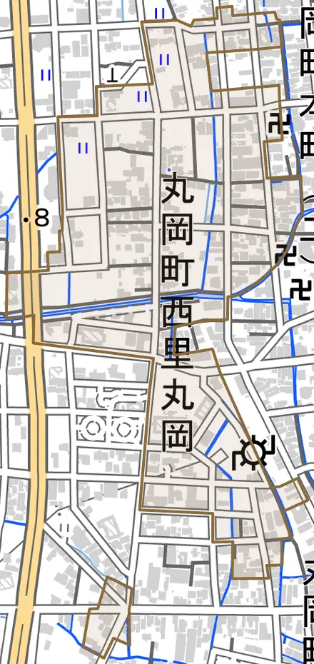 丸岡町西里丸岡とその周辺の地図。町の範囲を重ねている
