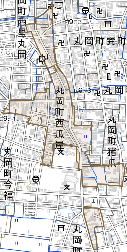 丸岡町西瓜屋とその周辺の地図。町の範囲を重ねている