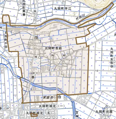 丸岡町長畝とその周辺の地図。町の範囲を重ねている