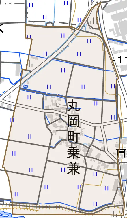 丸岡町乗兼とその周辺の地図。町の範囲を重ねている