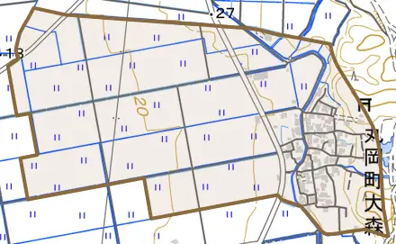 丸岡町大森とその周辺の地図。町の範囲を重ねている
