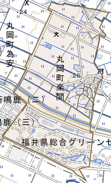 丸岡町楽間とその周辺の地図。町の範囲を重ねている