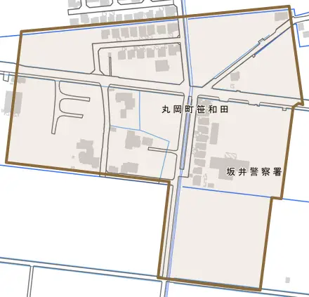 丸岡町笹和田とその周辺の地図。町の範囲を重ねている