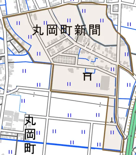 丸岡町新間とその周辺の地図。町の範囲を重ねている