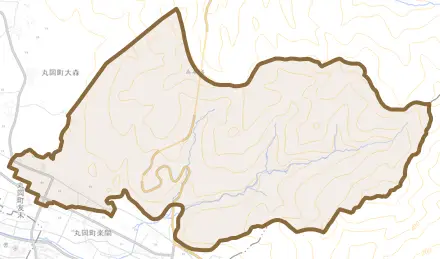 丸岡町下久米田とその周辺の地図。町の範囲を重ねている
