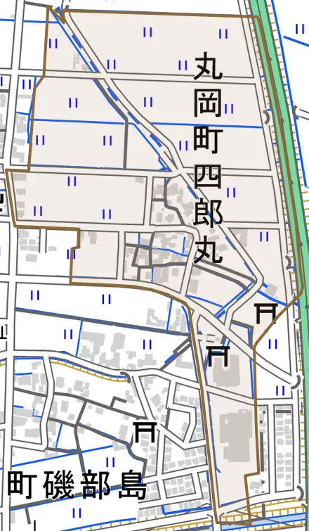 丸岡町四郎丸とその周辺の地図。町の範囲を重ねている