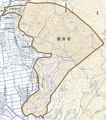 丸岡町曽々木とその周辺の地図。町の範囲を重ねている
