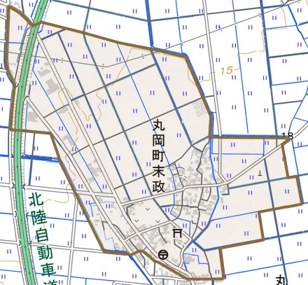 丸岡町末政とその周辺の地図。町の範囲を重ねている