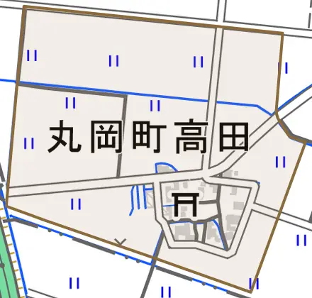 丸岡町高田とその周辺の地図。町の範囲を重ねている