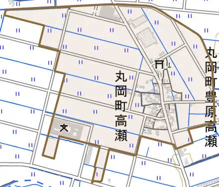 丸岡町高瀬とその周辺の地図。町の範囲を重ねている