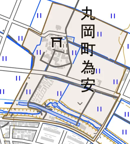 丸岡町為安とその周辺の地図。町の範囲を重ねている