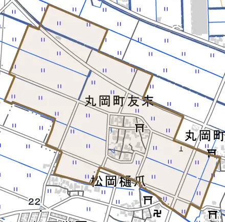丸岡町友末とその周辺の地図。町の範囲を重ねている