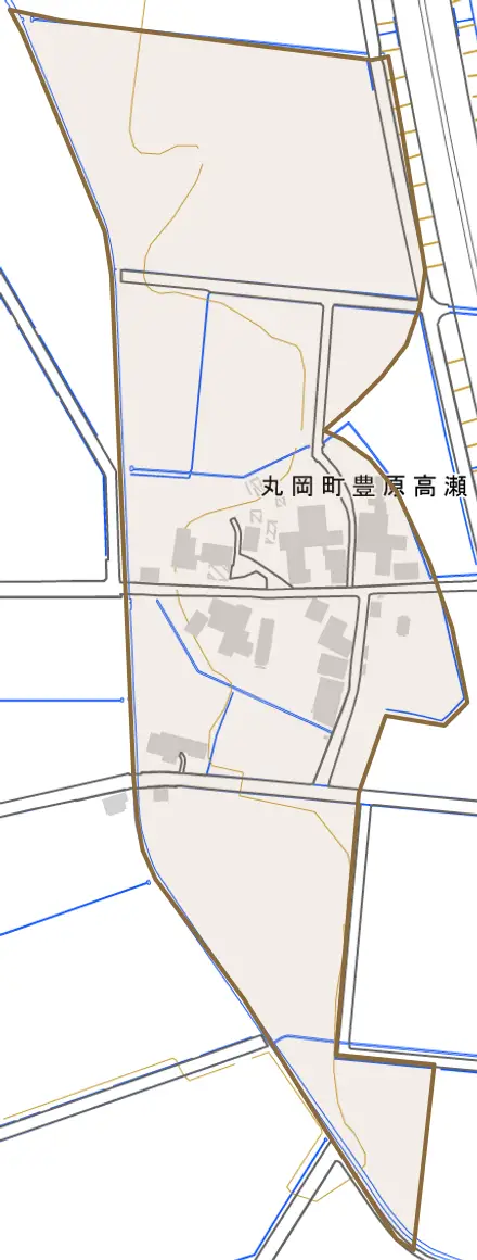 丸岡町豊原高瀬とその周辺の地図。町の範囲を重ねている
