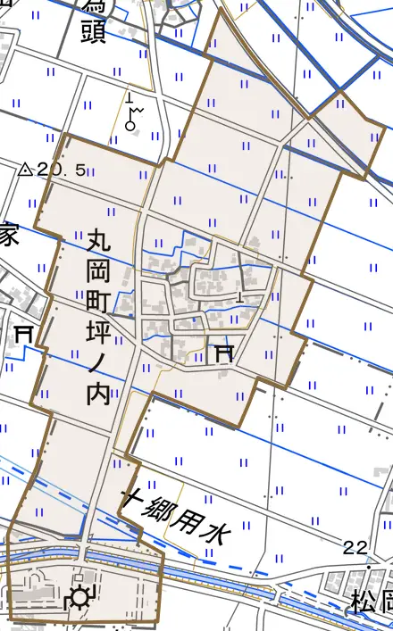 丸岡町坪ノ内とその周辺の地図。町の範囲を重ねている