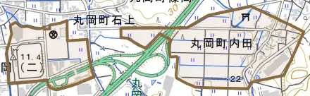 丸岡町内田とその周辺の地図。町の範囲を重ねている